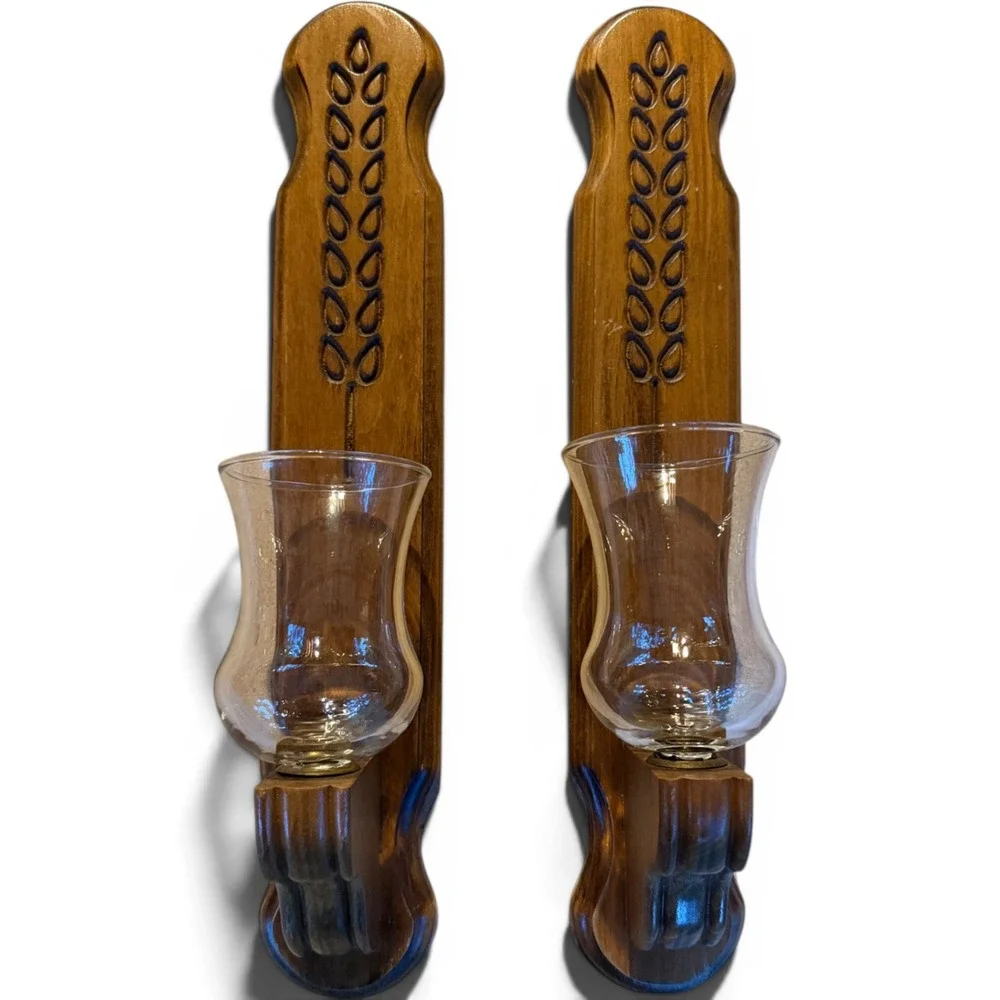 Vintage Pair Wooden Wall Sconce Candle Holders Carved Wheat | Early American
